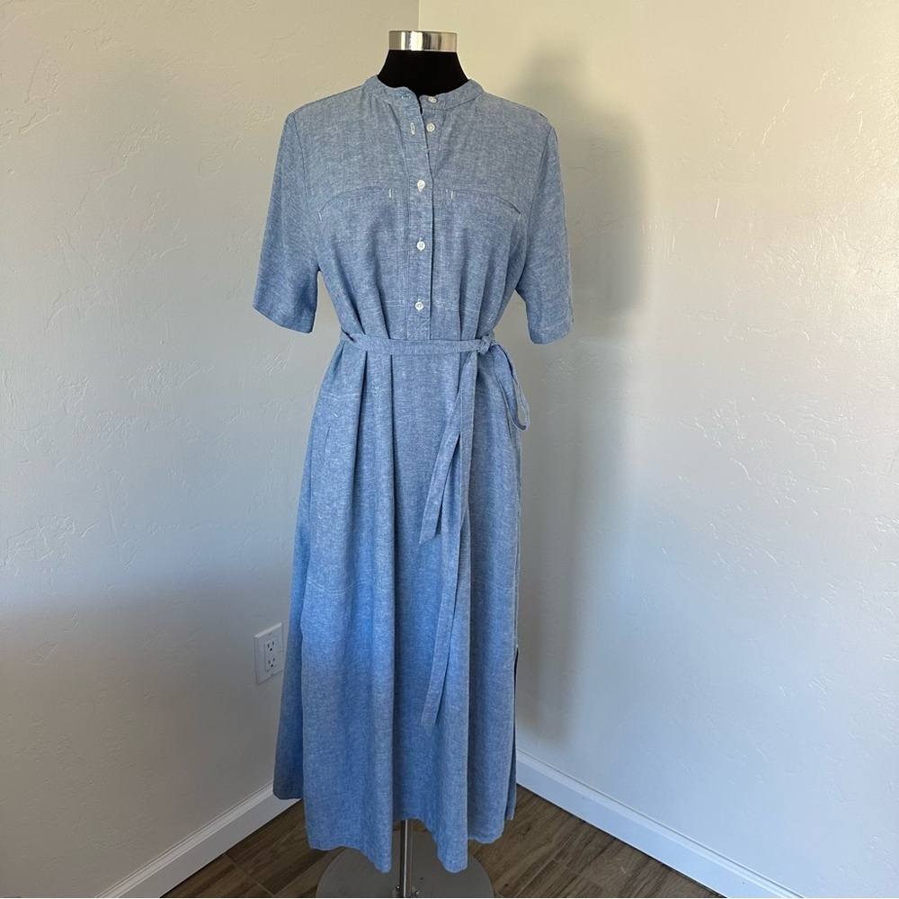BANANA REPUBLIC Antique Blue LINEN-BLEND UTILITY MIDI SHIFT Shirt DRESS Size L - Picture 3 of 13
